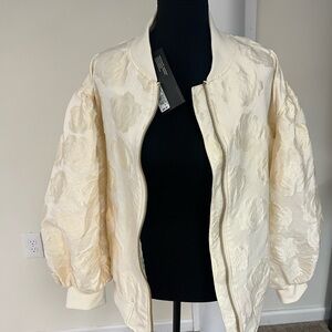 Elegant and Unique Rose Patterned Brocade Cream Bomber Jacket